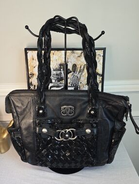 Sharif 1827 Black Braided-Handle Tote with Woven Front